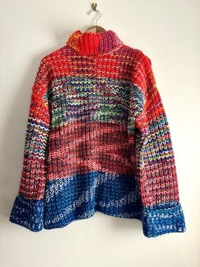 Chunky Knit Multicolor Mock Neck Cuff Sleeve Sweater